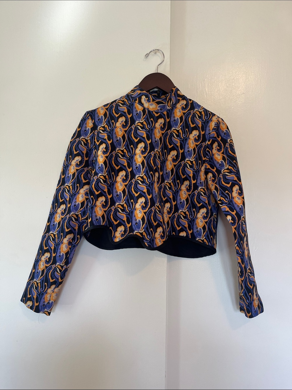 Zara Black Jacket with Mustard Yellow and Periwinkle Print